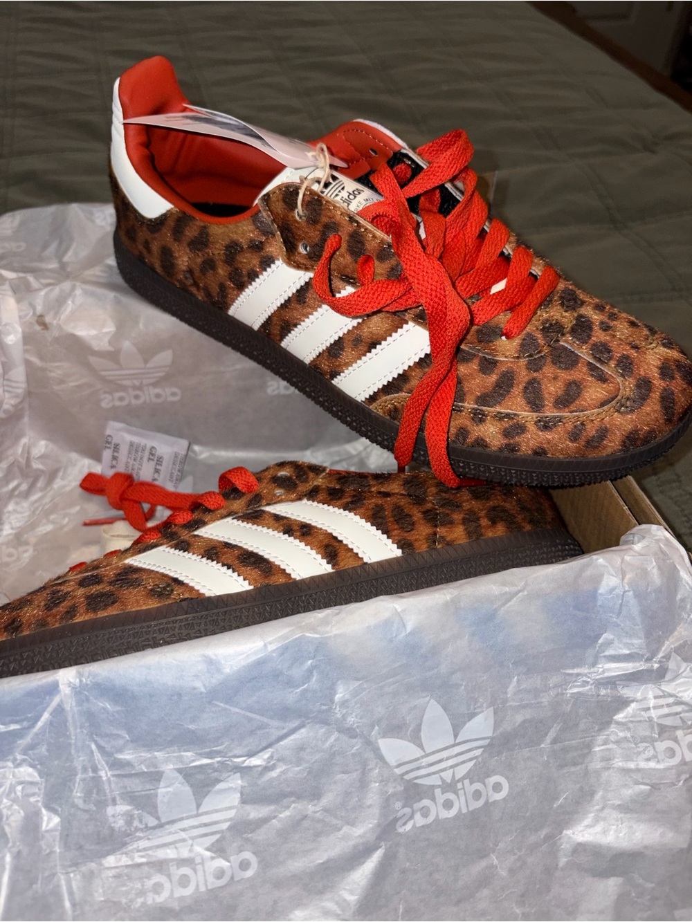 adidas Leopard Print Sneakers with White Stripes and Red Laces
